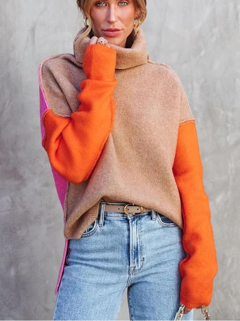 New Colorblock Cowl turtle Neck Sweater in Tan, Orange & Pink medium
